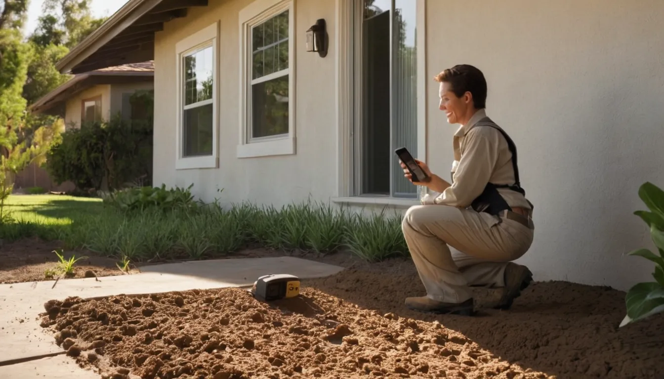 Local termite provider inspecting a stucco home foundation in Roseville